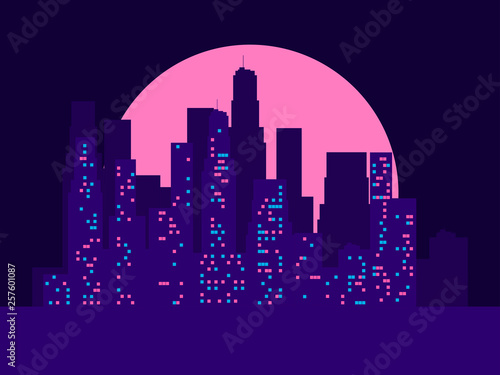 Cityscape with skyscrapers in the style of the 80s. Retro futurism. City sunset. Light in the windows. Vector illustration