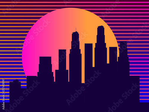 Cityscape with skyscrapers in the style of the 80s. Retro futurism. City sunset. Light in the windows. Vector illustration