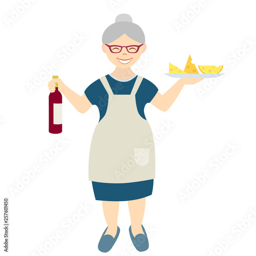 Grandmother with wine bottle and cheese isolated on white background, vector illustration of senior woman with red wine and cheese plate