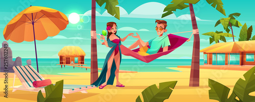 Summer vacation on tropical resort cartoon vector. Happy young man lying and resting in hammock between palms on seashore, flirting with beautiful woman on beach illustration. Couple honeymoon concept