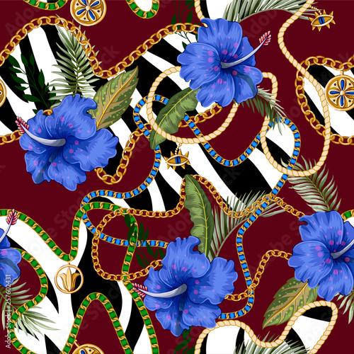 Seamless summer pattern with belts, chains and tropical leaves and flowers. Trendy fashion print. photo