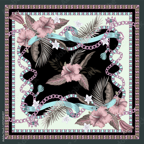Design scarf with belts, chains and tropical leaves and flowers. Trendy fashion print.