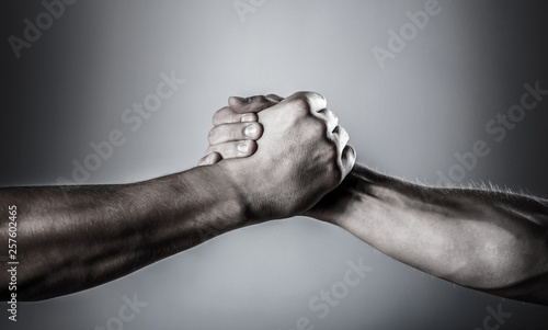 Handshake, arms. Friendly handshake, friends greeting. Rescue, helping hand. Male hand united in handshake. Man help hands, guardianship, protection. Two hands, isolated arm, helping hand of a friend.