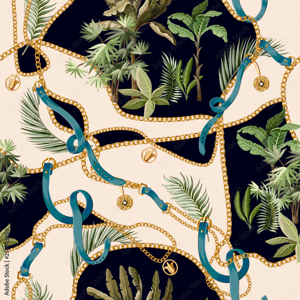 Seamless summer pattern with belts, chains and tropical leaves and trees. Trendy fashion print.