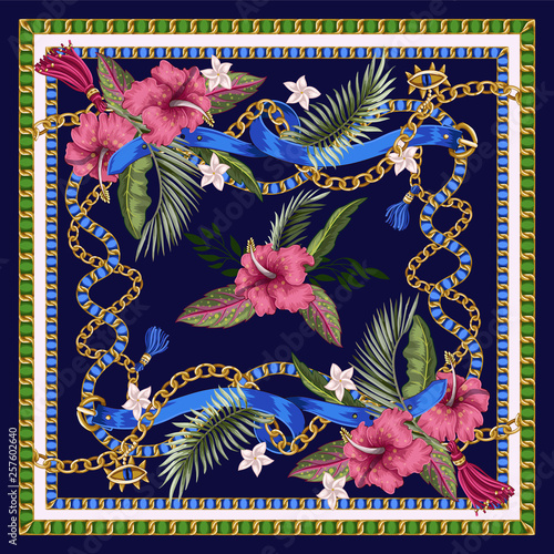 Design scarf with belts, chains and tropical leaves and flowers. Trendy fashion print.