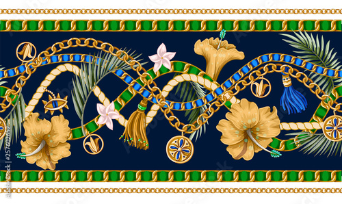 Seamless summer pattern with chains and tropical leaves and flowers. Trendy fashion print.