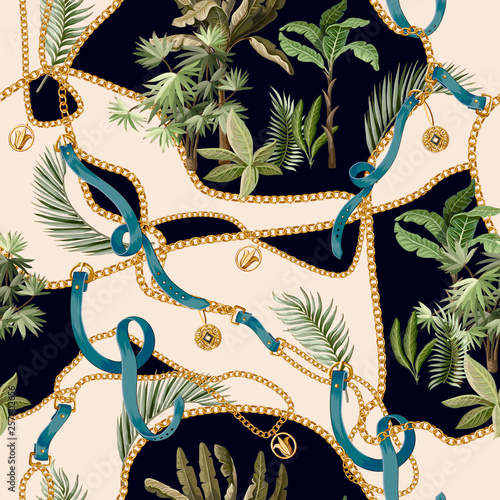 Seamless summer pattern with belts, chains and tropical leaves and trees. Trendy fashion print.