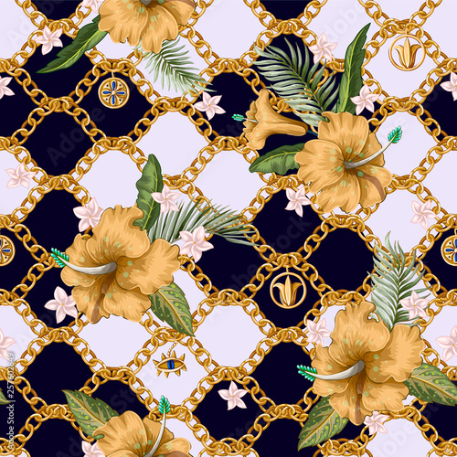 Seamless summer pattern with chains and tropical leaves and flowers. Trendy fashion print.