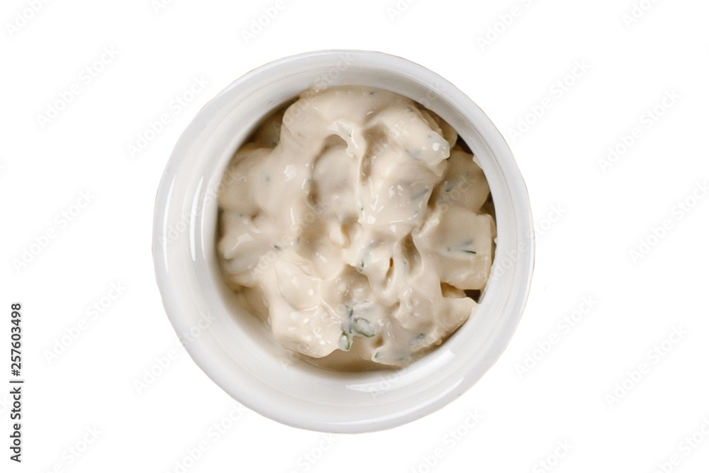 Garlic sauce in a bowl on white background. One of the collection of various sauces. Garlic sauce in a bowl on white background. One of the collection of various sauces.