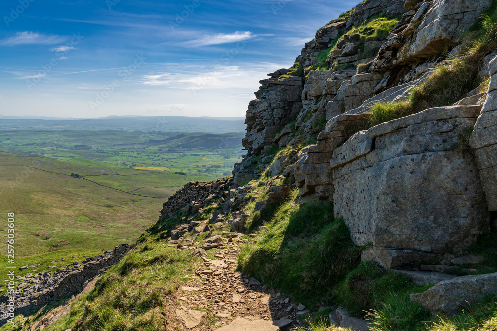 View over the Yorkshire Dales landscape from the Pennine Way at the Pen-Y-Ghent between Halton Gill and Horton in Ribblesdale, North Yorkshire, England, UK