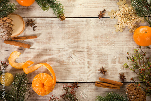 warm winter still life. snowy table. festive Christmas background. photo frame, postcard, poster, invitation. happy new year. stylized background. view from the top. 