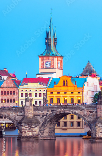 Scenic view Charles bridge and historical center of Prague, buildings and landmarks of old town at sunset, Prague, Czech Republic