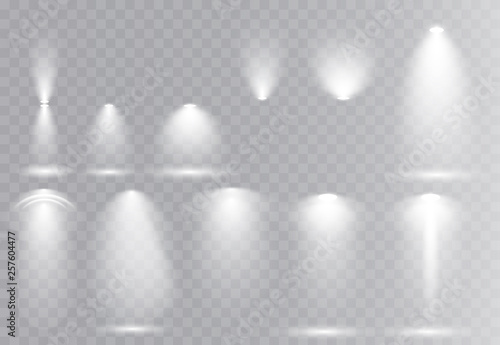 Vector light sources, concert lighting, stage beam spotlights set  lens flash effect. Spot lamp projection studio for podium, club, show, scene illuminated. Floodlight on transparent background.