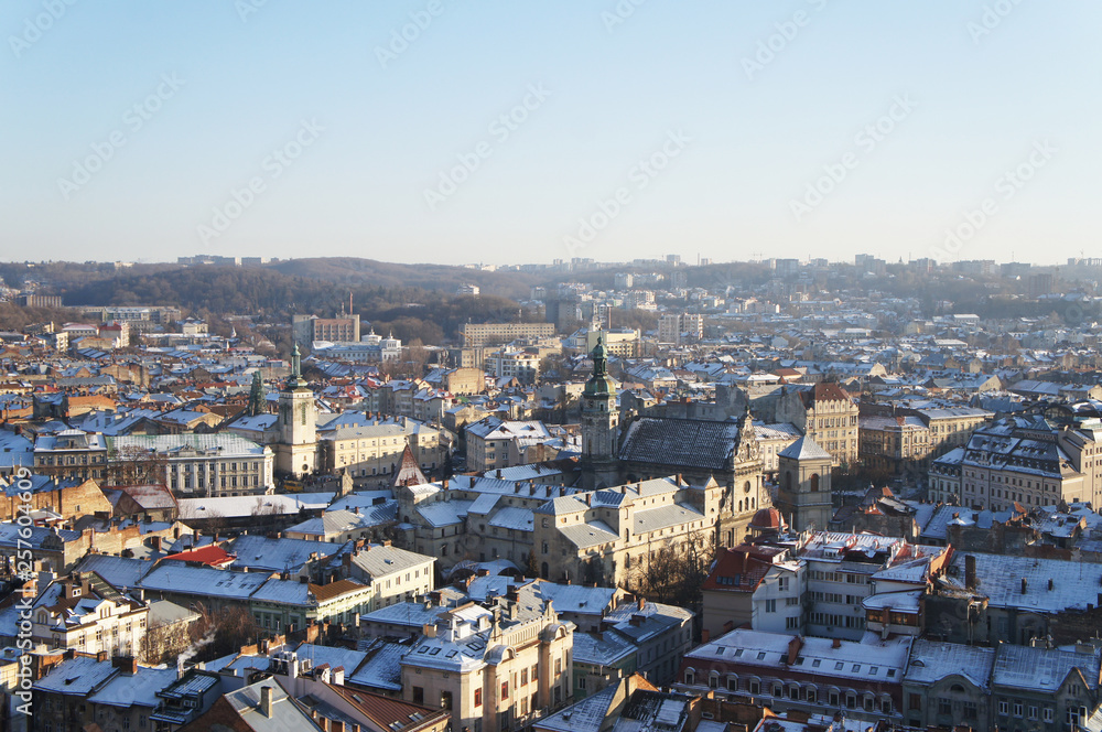 Ukraine sky. City of Lviv. View from above. The roofs of the city.