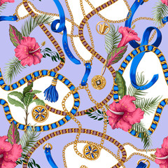 Foto auf Acrylglas Blumen- und Juwelenmuster Nahtloses Sommermuster mit Gürteln, Ketten und tropischen Blättern und Blumen. Trendiger Modedruck.  © Yumeee