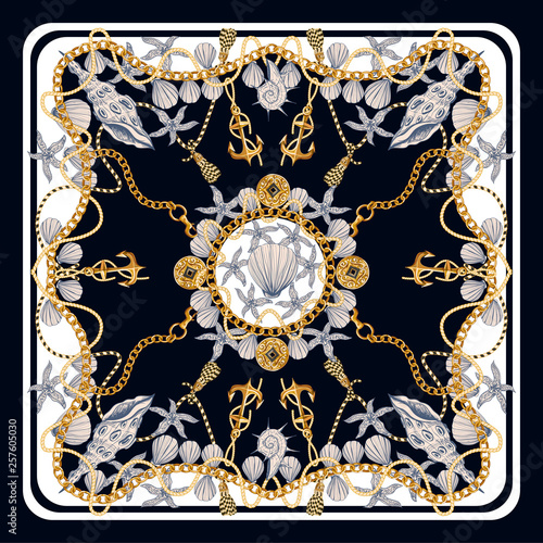 Design scarf with chains, anchors and shells. Vector.