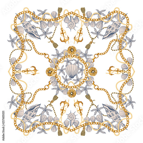 Design scarf with chains, anchors and shells. Vector.