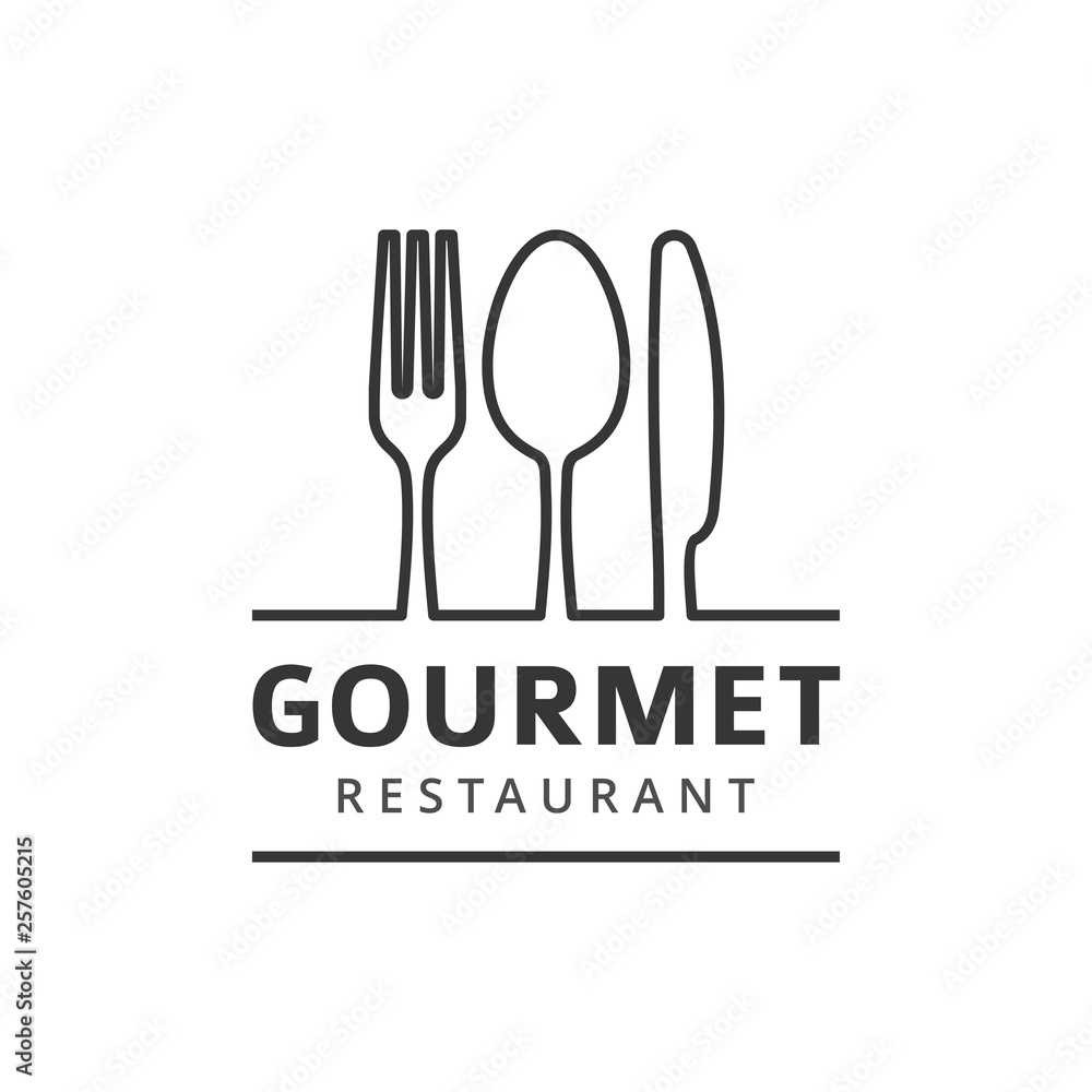 Food vector logo with fork, knife and spoon. Isolated sign. Cutlery under the line with company or restaurant name Food vector logo with fork, knife and spoon. Isolated sign. Cutlery under the line with company or restaurant name