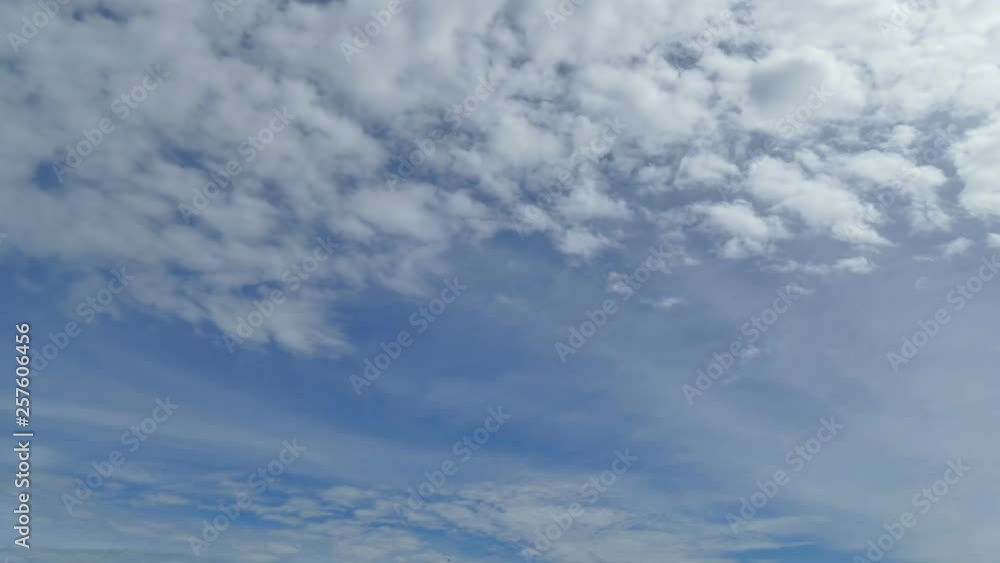 Time lapse of dense white fluffy clouds passing. A deep blue sky in the background.