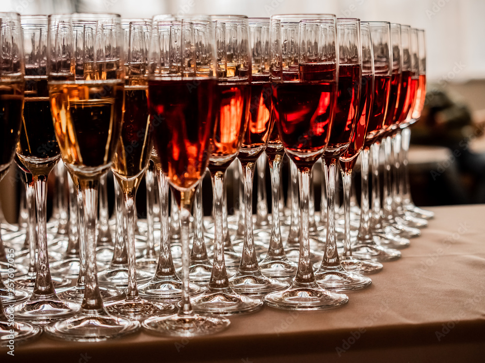Glasses with sparkling wines: white, red, pink