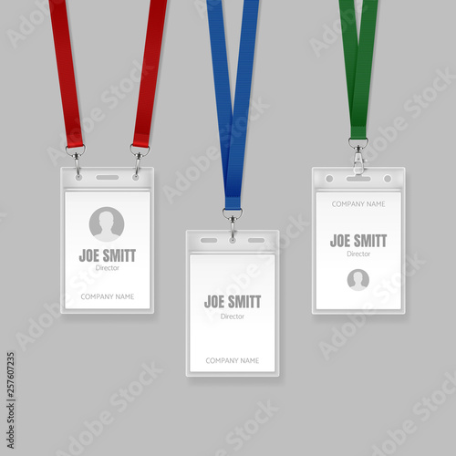 Vector set of identification cards on red, blue and green lanyards. Illustration of name tag holder end badge templates