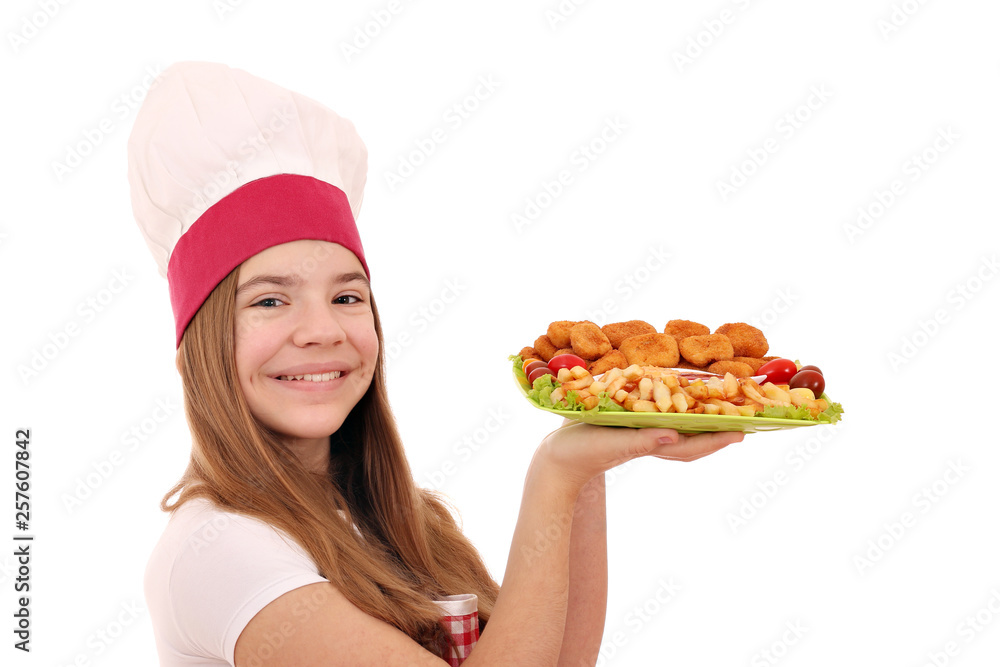 Happy girl cook with chicken nuggets and french fries fast food