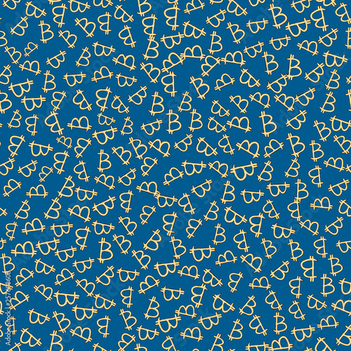 Bitcoin (cryptocurrency signs) - seamless pattern. Many small Bitcoin cryptocurrency icons on blue background. Hand-drawing, yellow signs with stroke.