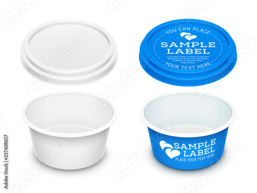 Vector empty open round plastic container with label. Packaging template illustration.