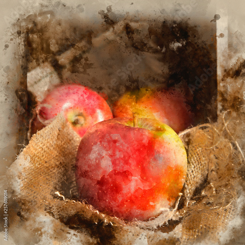 Watercolour painting of Red apples in rustic kitchen setting with old wooden box and hessian sack photo