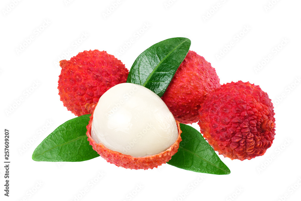 Fresh lychee with leaves isolated on white background Fresh lychee with leaves isolated on white background