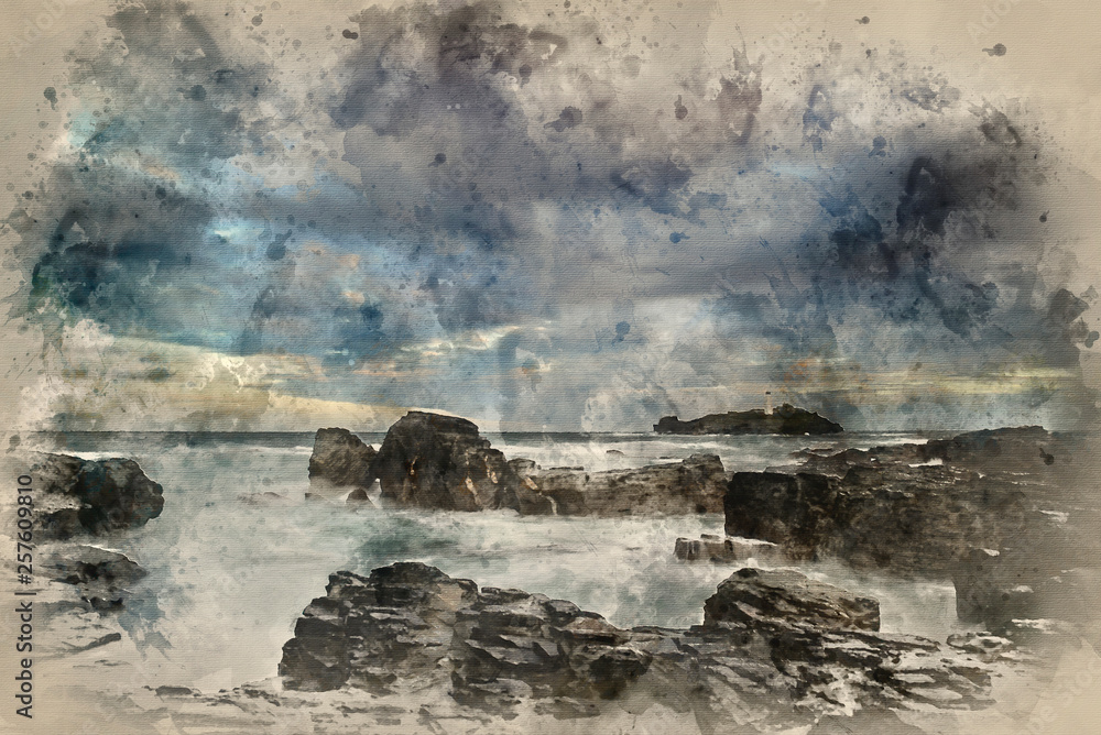Naklejka premium Watercolour painting of Beautiful sunrise landscape image of Godrevy in Corwnall England