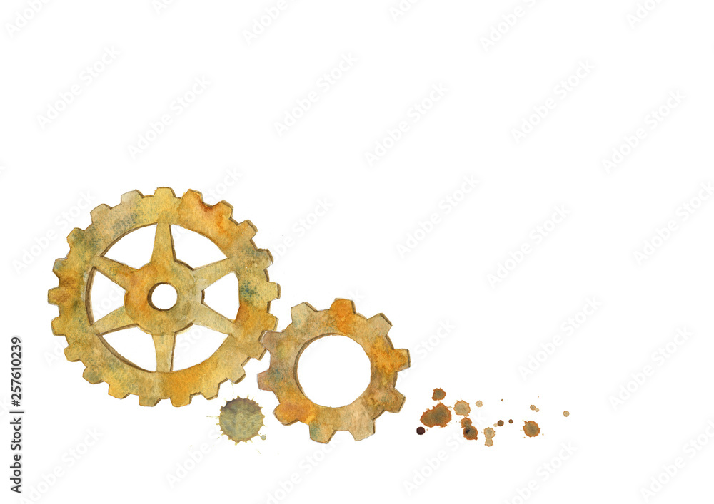 Watercolor Rusty Gears with Copy Space on White Background. Watercolor Rusty Gears with Copy Space on White Background.