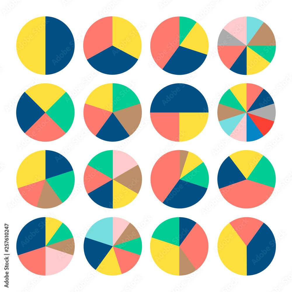Set of colorful pie charts. Circular diagrams and graphs. Business and analytics. Set of colorful pie charts. Circular diagrams and graphs. Business and analytics.