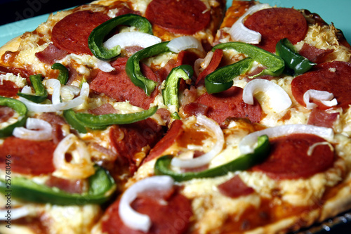 Ham, pepperoni, cheese with green bell pepper pizza