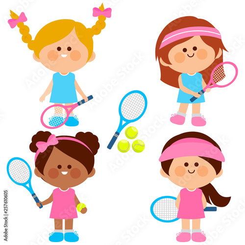 Group of girls tennis players. Vector illustration