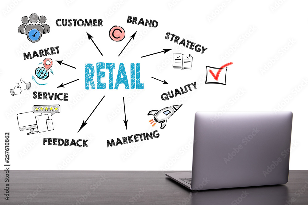 Naklejka premium Retail concept. Chart with keywords and icons. Laptop on wooden table