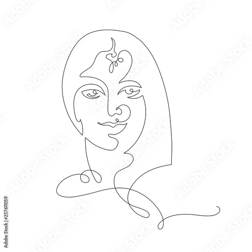 One Continuous Line drawings. Abstract portrait of indian hindu woman, drawn by one line
