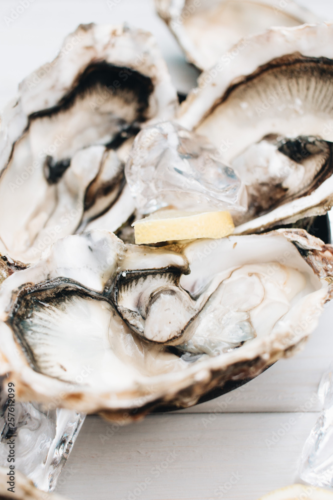 Delicious oysters with lemon, seafood delicacy Delicious oysters with lemon, seafood delicacy
