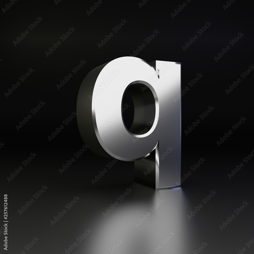 Chrome letter Q lowercase. 3D render shiny metal font isolated on black background Chrome letter Q lowercase. 3D render shiny metal font isolated on black background
