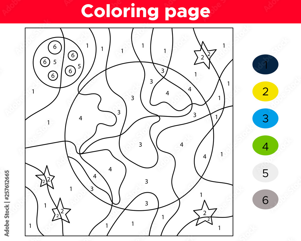 Number coloring page for preschool kids. Educational game. Earth day