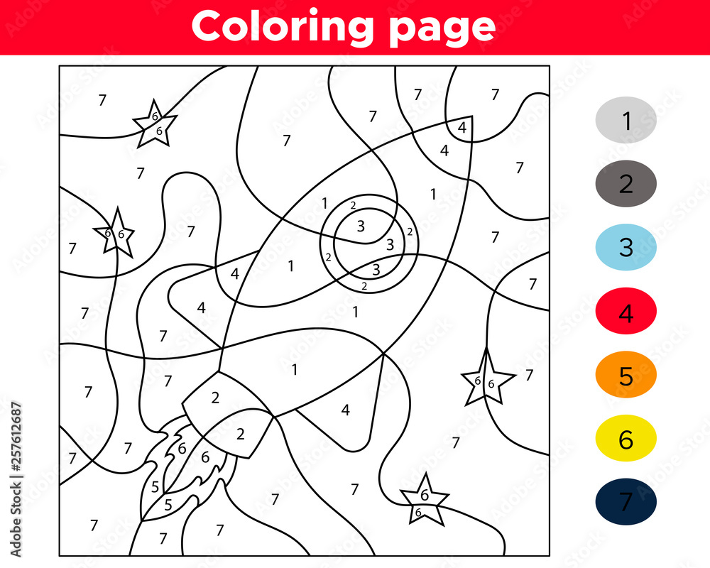 Obraz premium Number coloring page for preschool kids. Educational game. Vector cartoon rocket and stars.