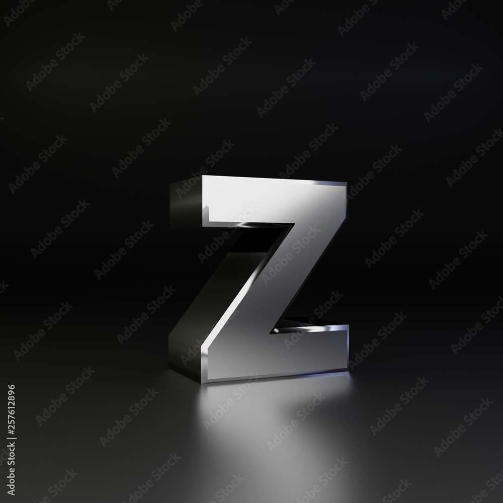 Chrome letter Z lowercase. 3D render shiny metal font isolated on black background Chrome letter Z lowercase. 3D render shiny metal font isolated on black background