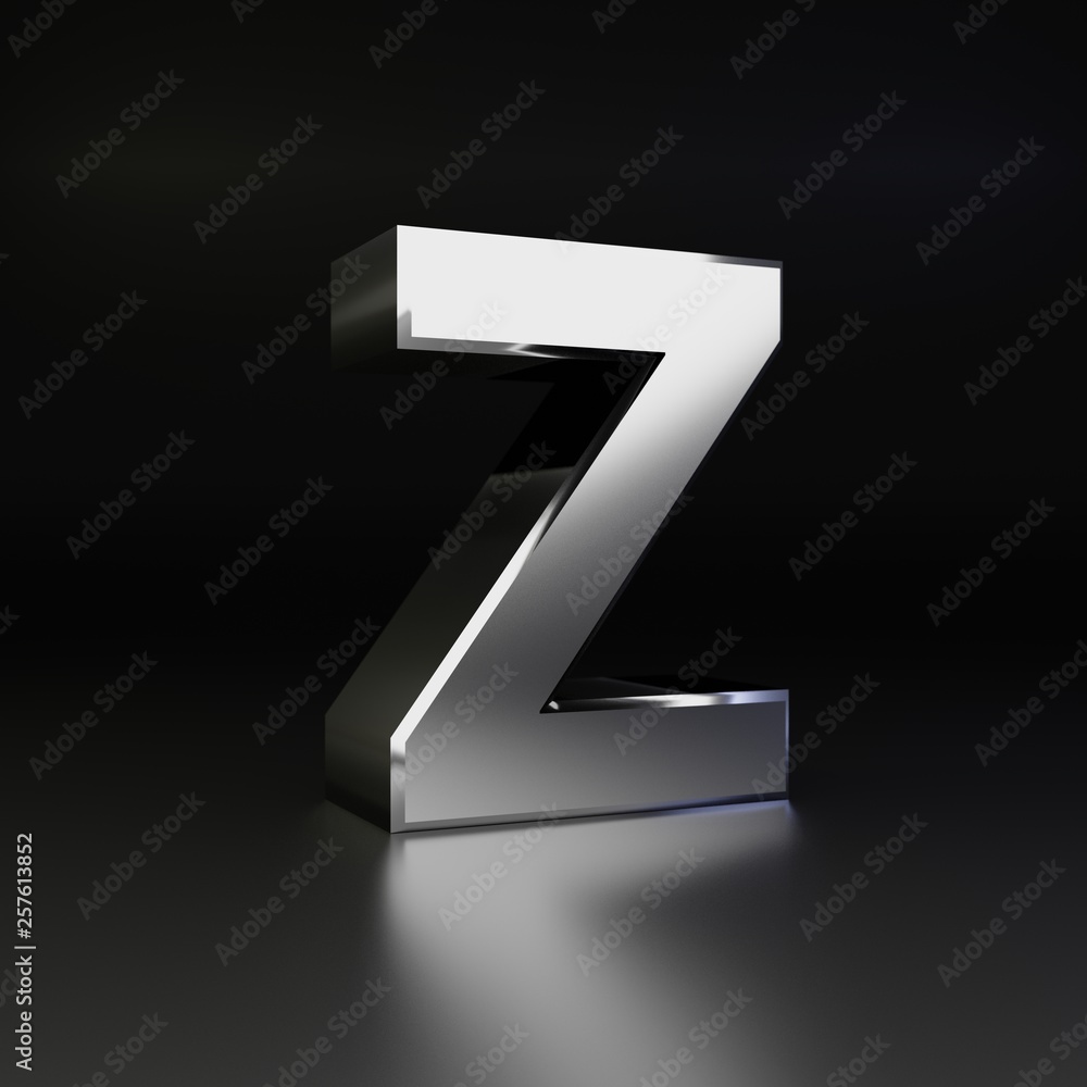 Chrome letter Z uppercase. 3D render shiny metal font isolated on black background Chrome letter Z uppercase. 3D render shiny metal font isolated on black background