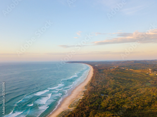 Sunrise aerial view of the Byron Bay coastline