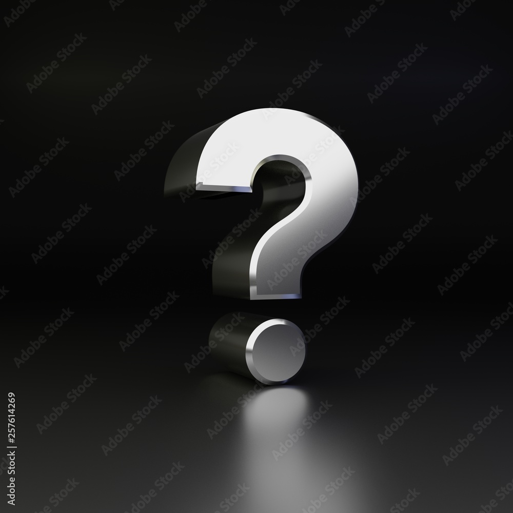 Chrome question mark symbol. 3D render shiny metal font isolated on black background Chrome question mark symbol. 3D render shiny metal font isolated on black background