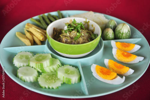 Northern Thai Green Chilli Dip serve with egg and vegetable, Thai food (Nam Prik Num)