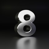 Chrome number 8. 3D render shiny metal font isolated on black background