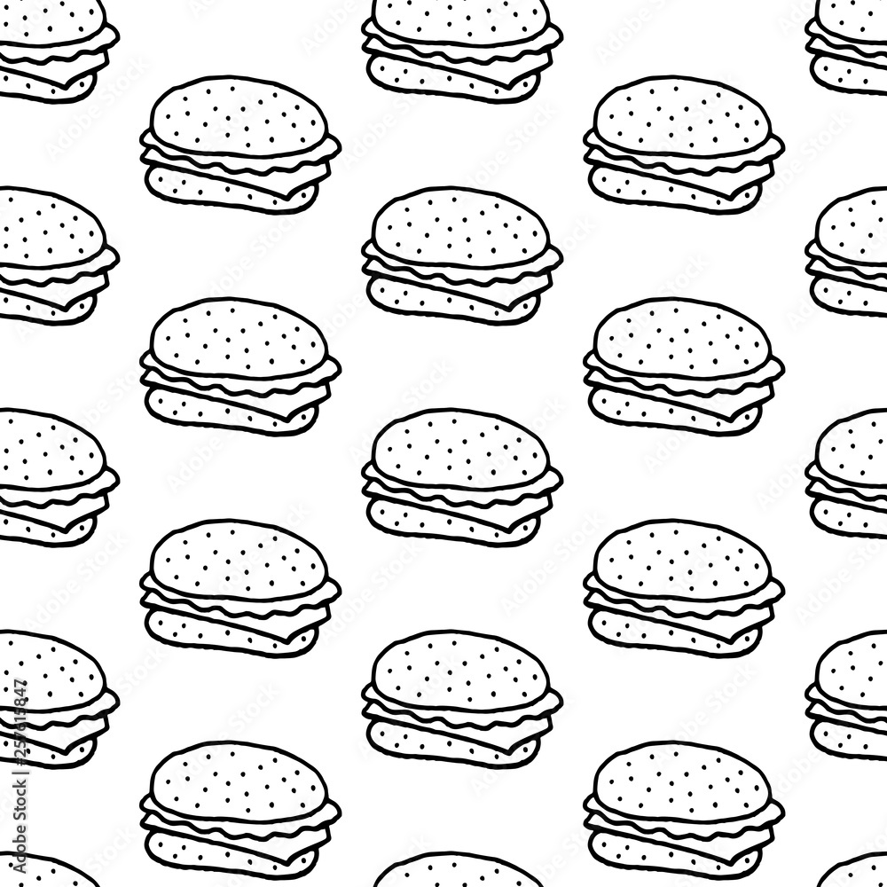 Cute cartoon hamburger pattern with hand drawn hamburgers. Sweet vector black and white hamburger pattern. Seamless monochrome doodle hamburger pattern for fabric, wallpapers and wrapping paper. Cute cartoon hamburger pattern with hand drawn hamburgers. Sweet vector black and white hamburger pattern. Seamless monochrome doodle hamburger pattern for fabric, wallpapers and wrapping paper.