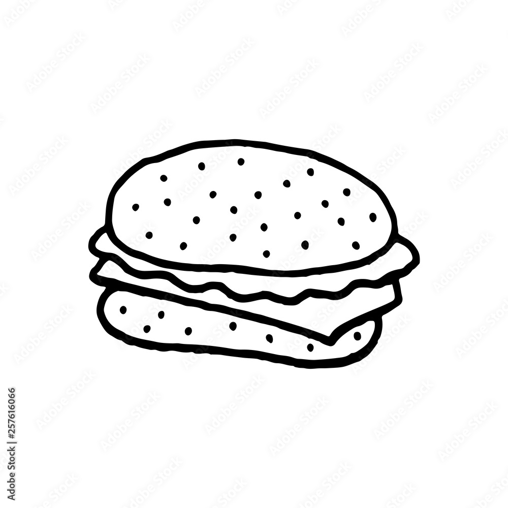 Cute cartoon hand drawn hamburger illustration. Sweet vector black and white hamburger illustration. Isolated monochrome doodle hamburger illustration on white background. Cute cartoon hand drawn hamburger illustration. Sweet vector black and white hamburger illustration. Isolated monochrome doodle hamburger illustration on white background.