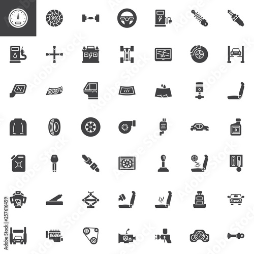 Car parts vector icons set, modern solid symbol collection, filled style pictogram pack. Signs, logo illustration. Set includes icons as car speedometer, chassis , steering wheel, vehicle headlight